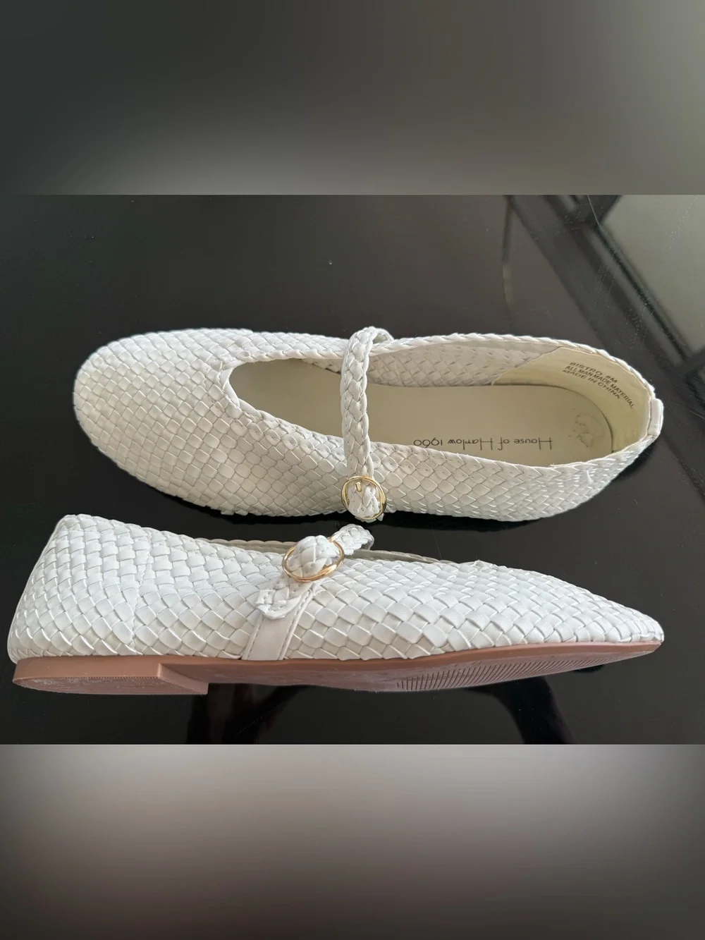 House of Harlow 8M Woven White Mary Jane Flats with Gold Buckle
